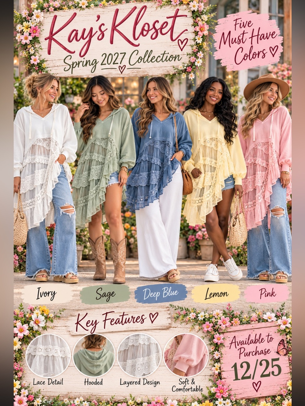 LS8–(ETA 12/25) 🔥🤍💚💙💛🩷 Lace-Layered Hooded Tunic Top